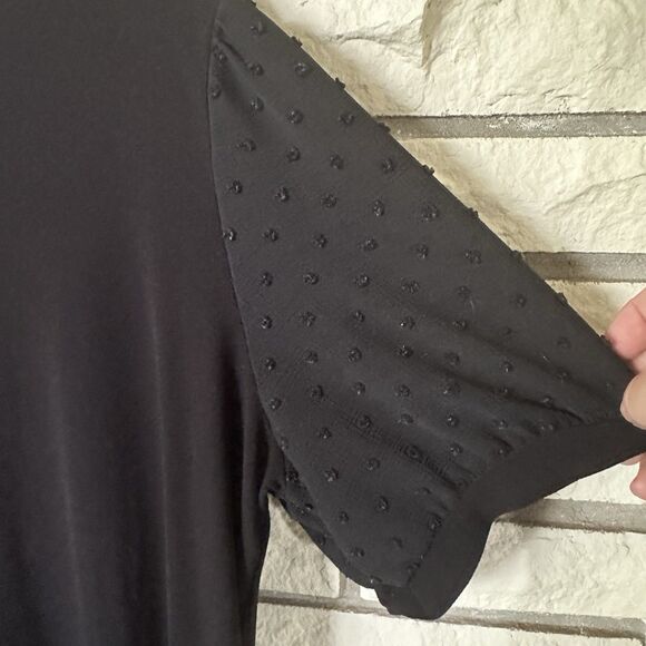 CeCe Shift Dress Clip Dot Sheer Sleeves Black Dress Ruffled Hem Minimalist Sz 2X - Picture 2 of 5